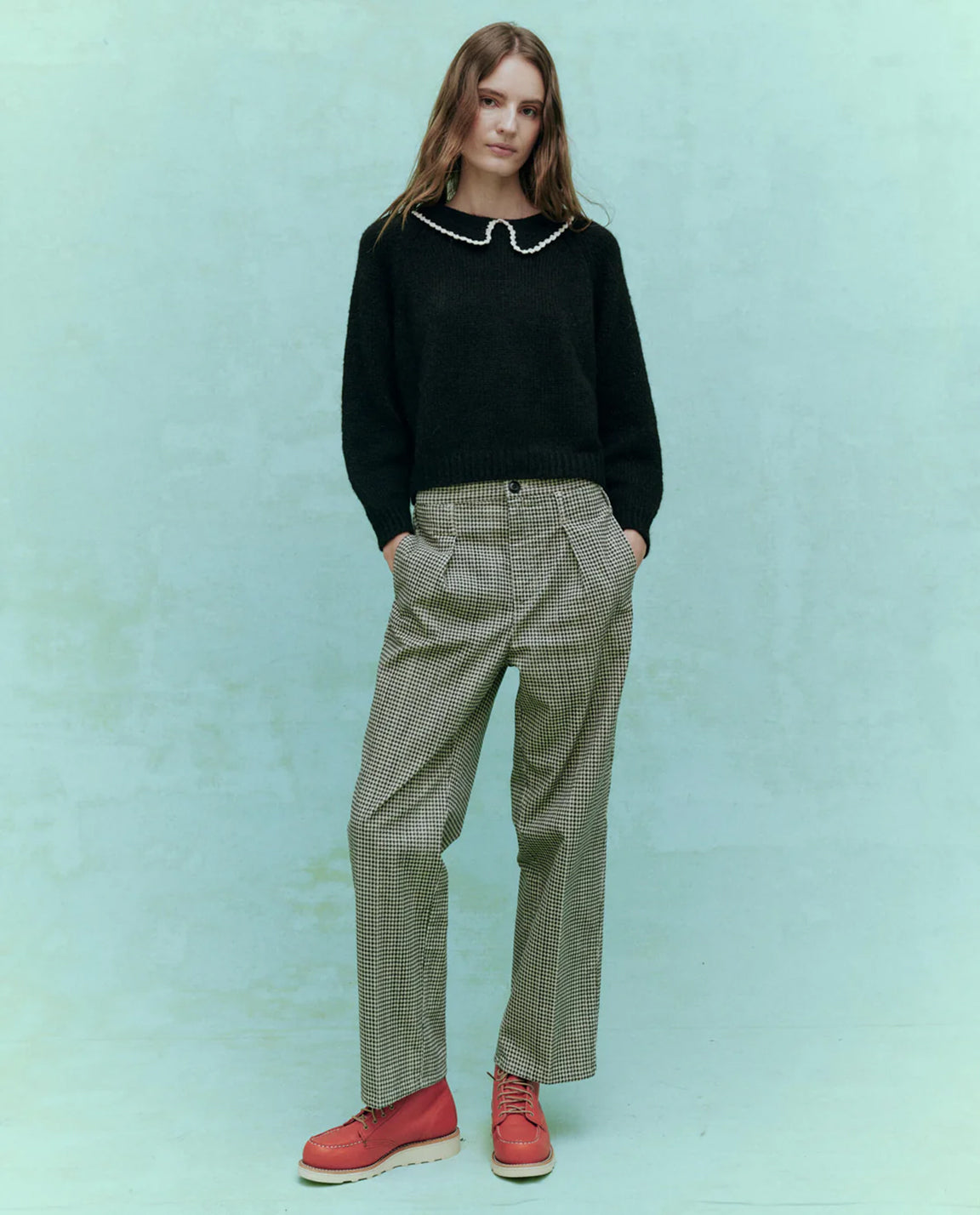 The Great. The Crochet Collar Pullover in Black with Soft White