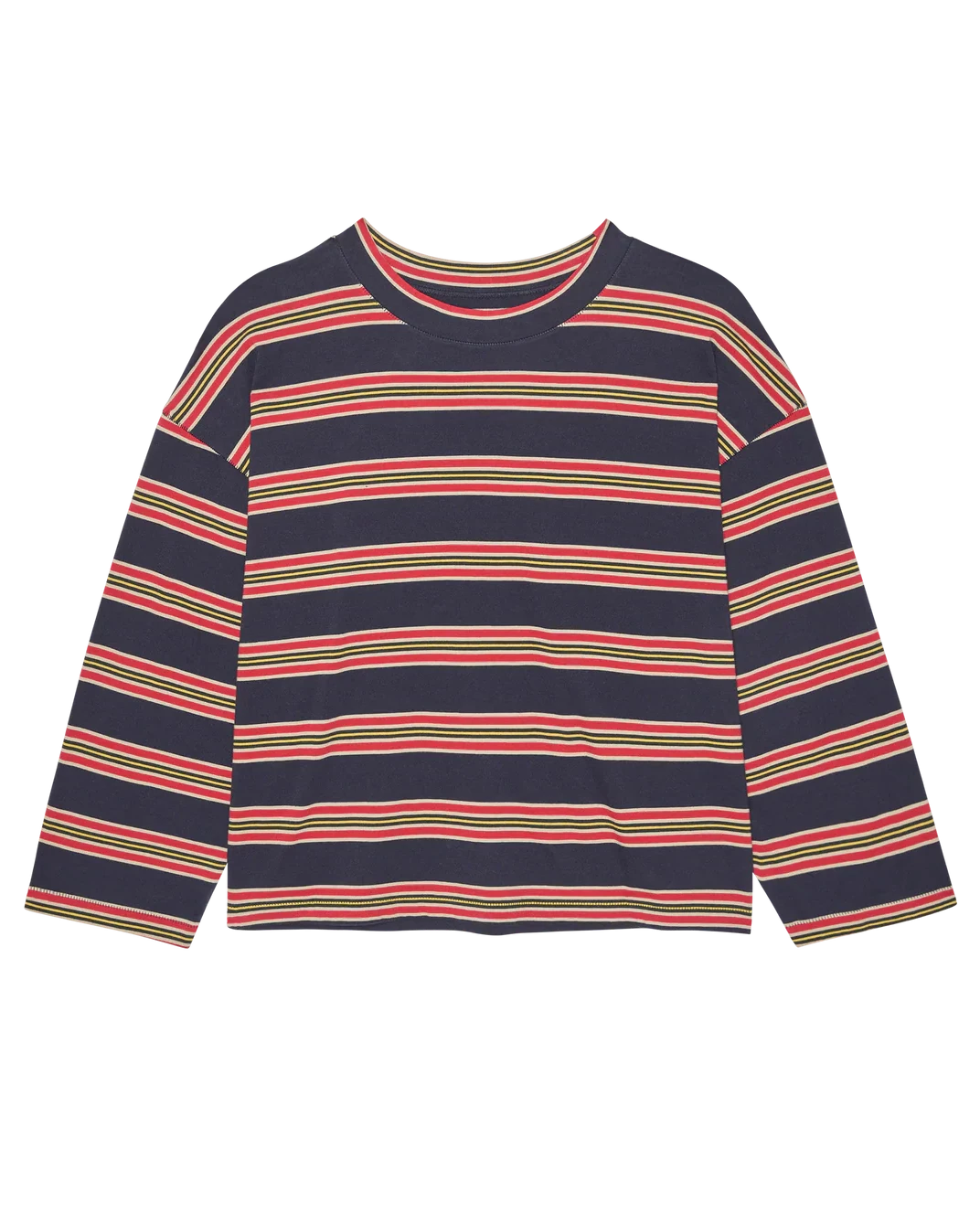 Navy blue long-sleeve shirt with red and green stripes on a white background