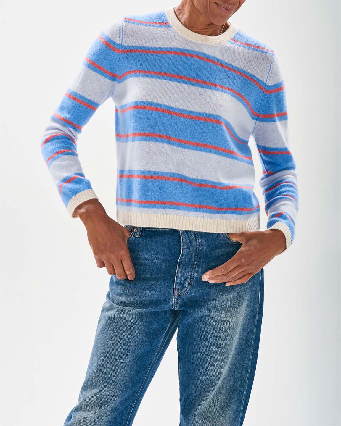 Jumper 1234 Deckchair Stripe Crew in Oatmeal, Sklyar, Cerise, and Azure