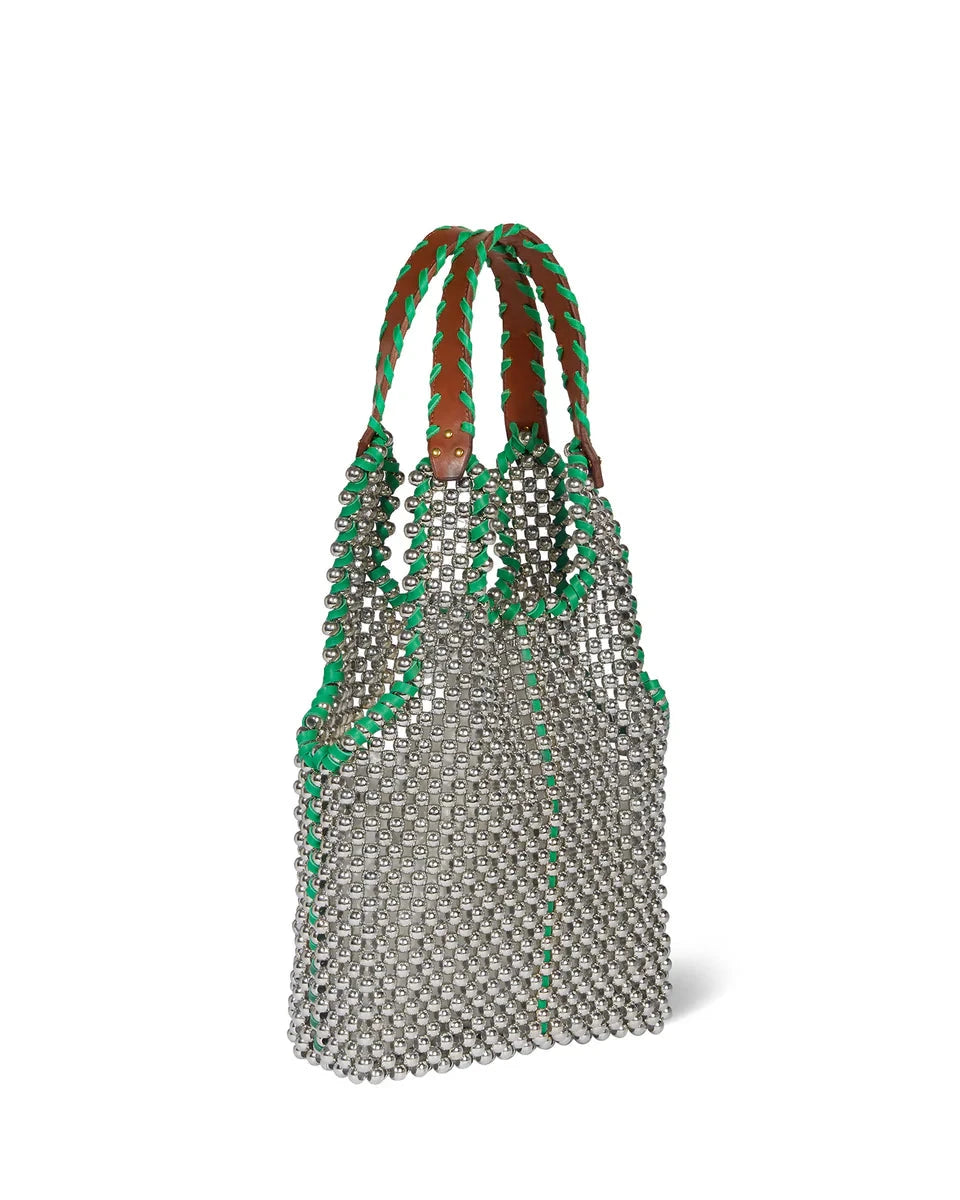 Metallic handbag with green accents on a white background