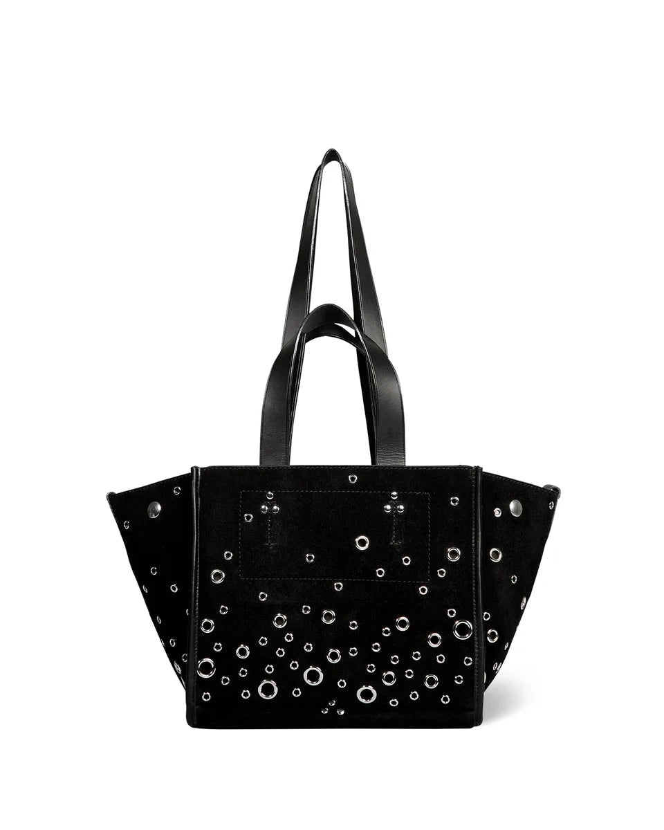 Black tote bag with decorative studs on a white background