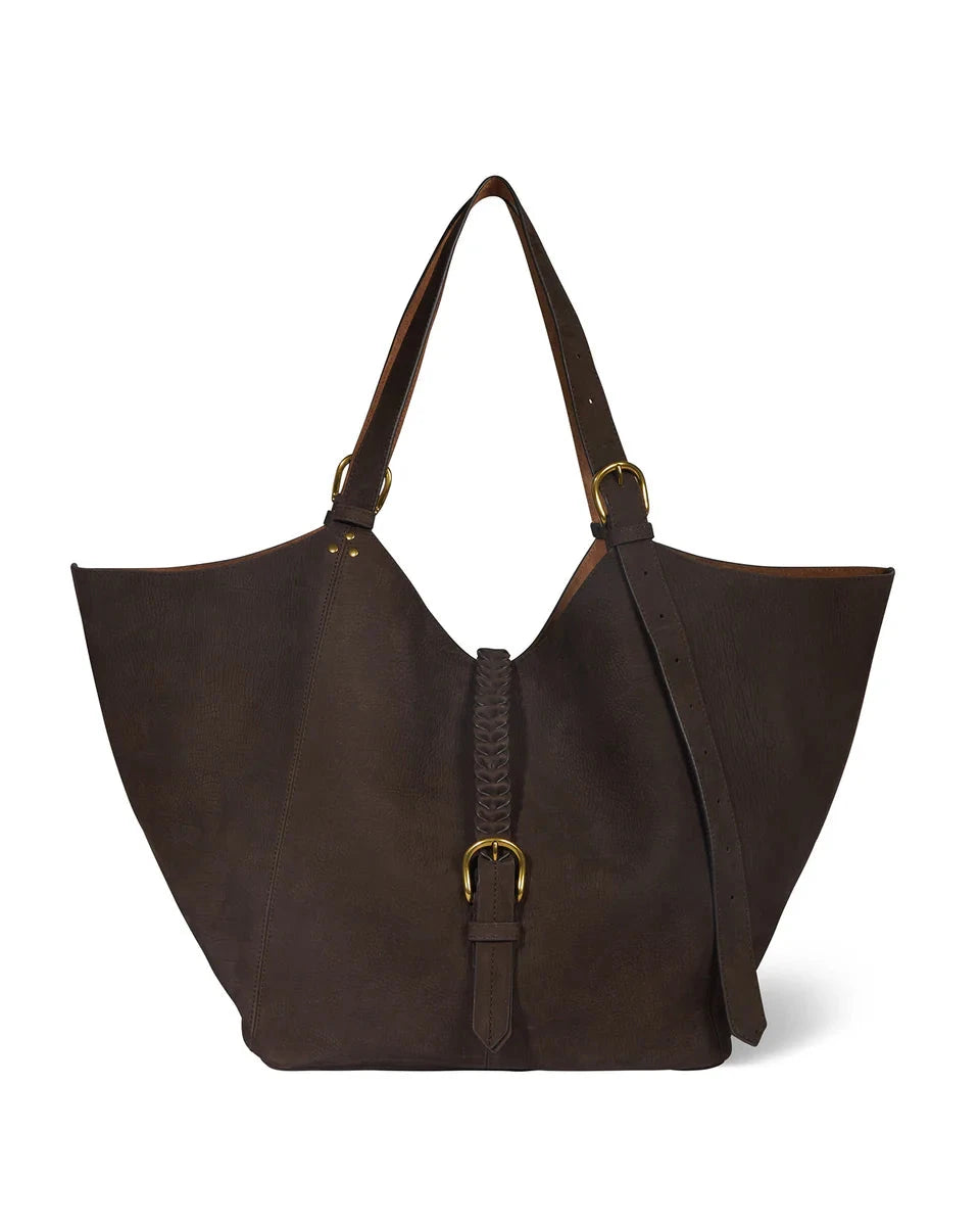 Brown leather handbag with gold accents on a white background