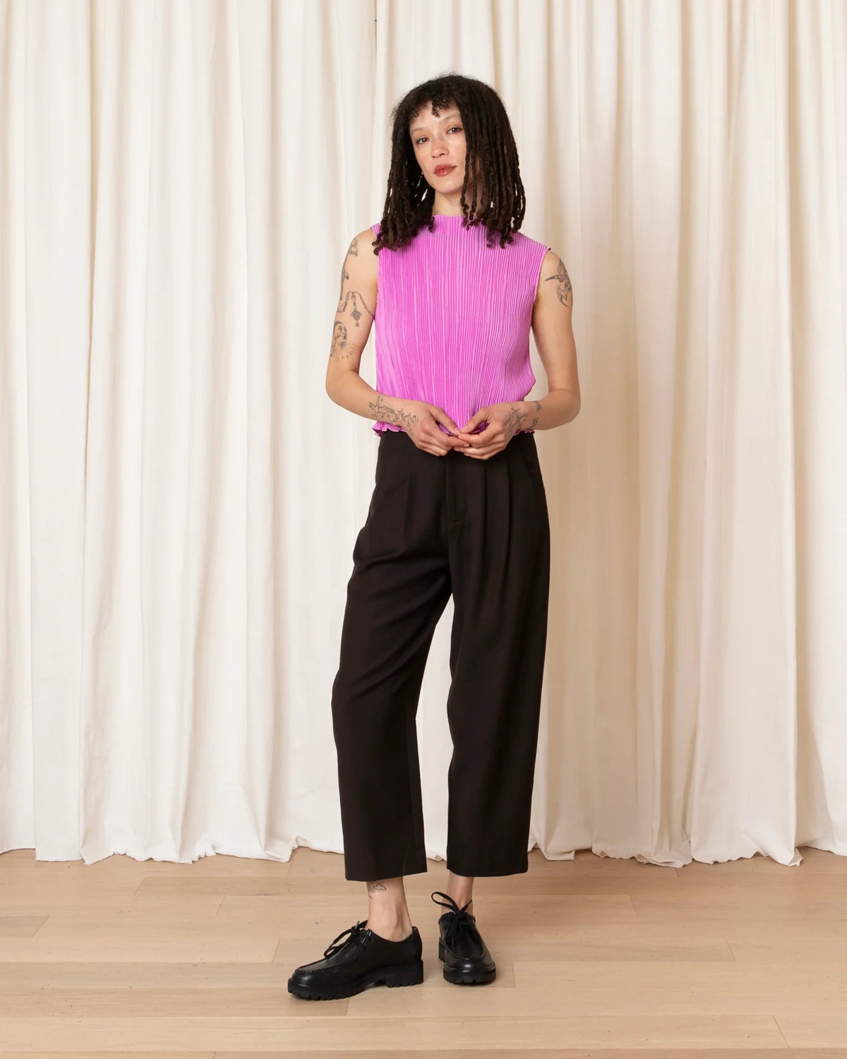 Ali Golden High Neck Pleated Tank In Pink