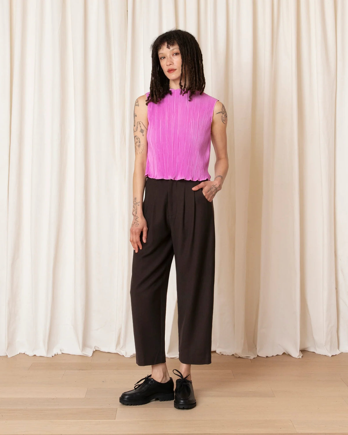 Ali Golden High Neck Pleated Tank In Pink