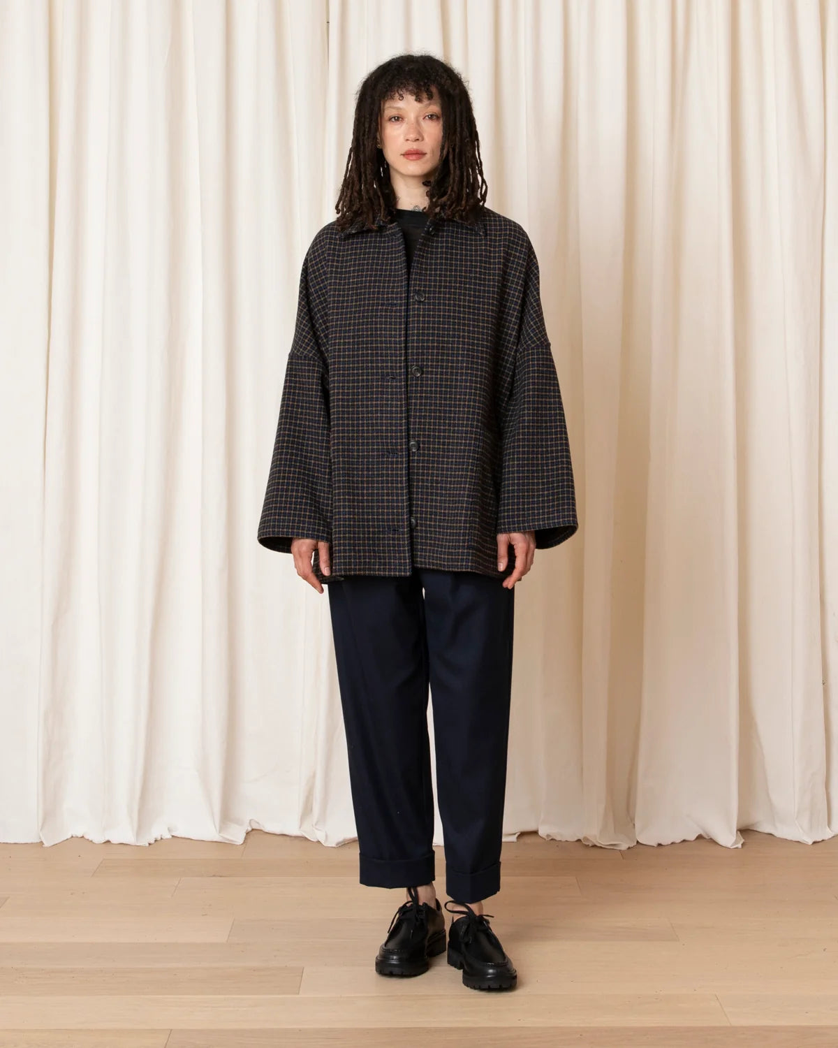 Ali Golden Oversized Lined Shirt Jacket In Marigold/Navy Plaid
