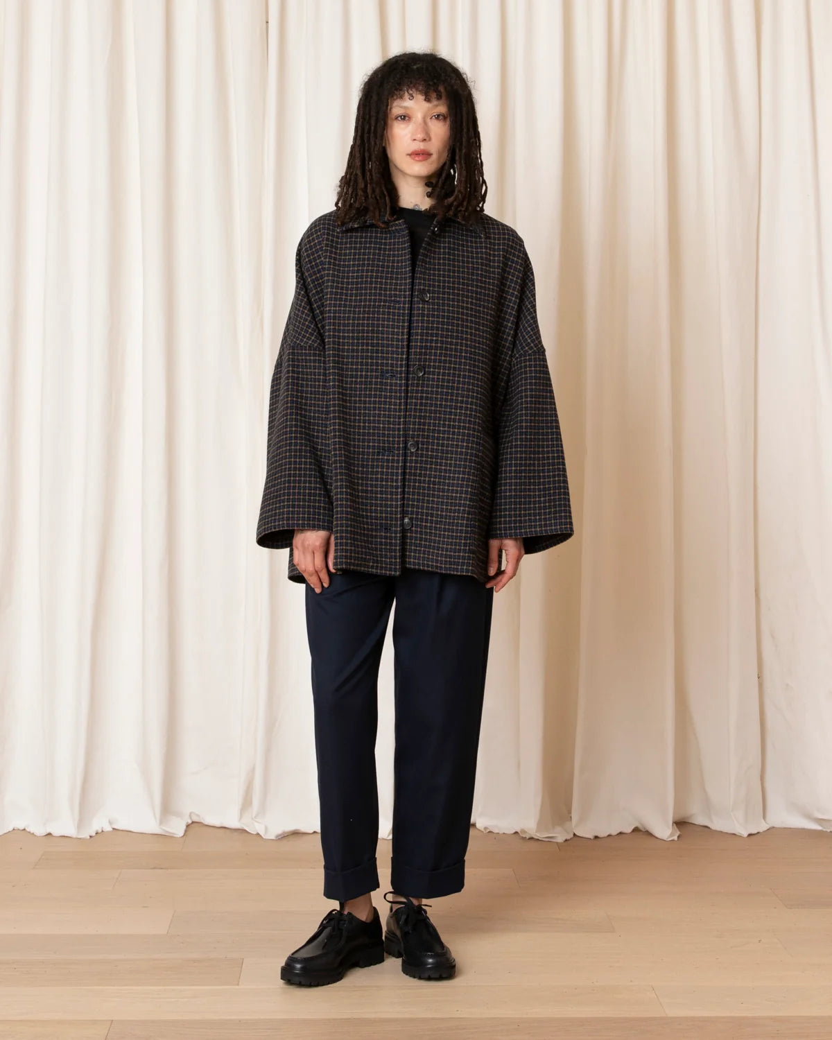 Ali Golden Oversized Lined Shirt Jacket In Marigold/Navy Plaid