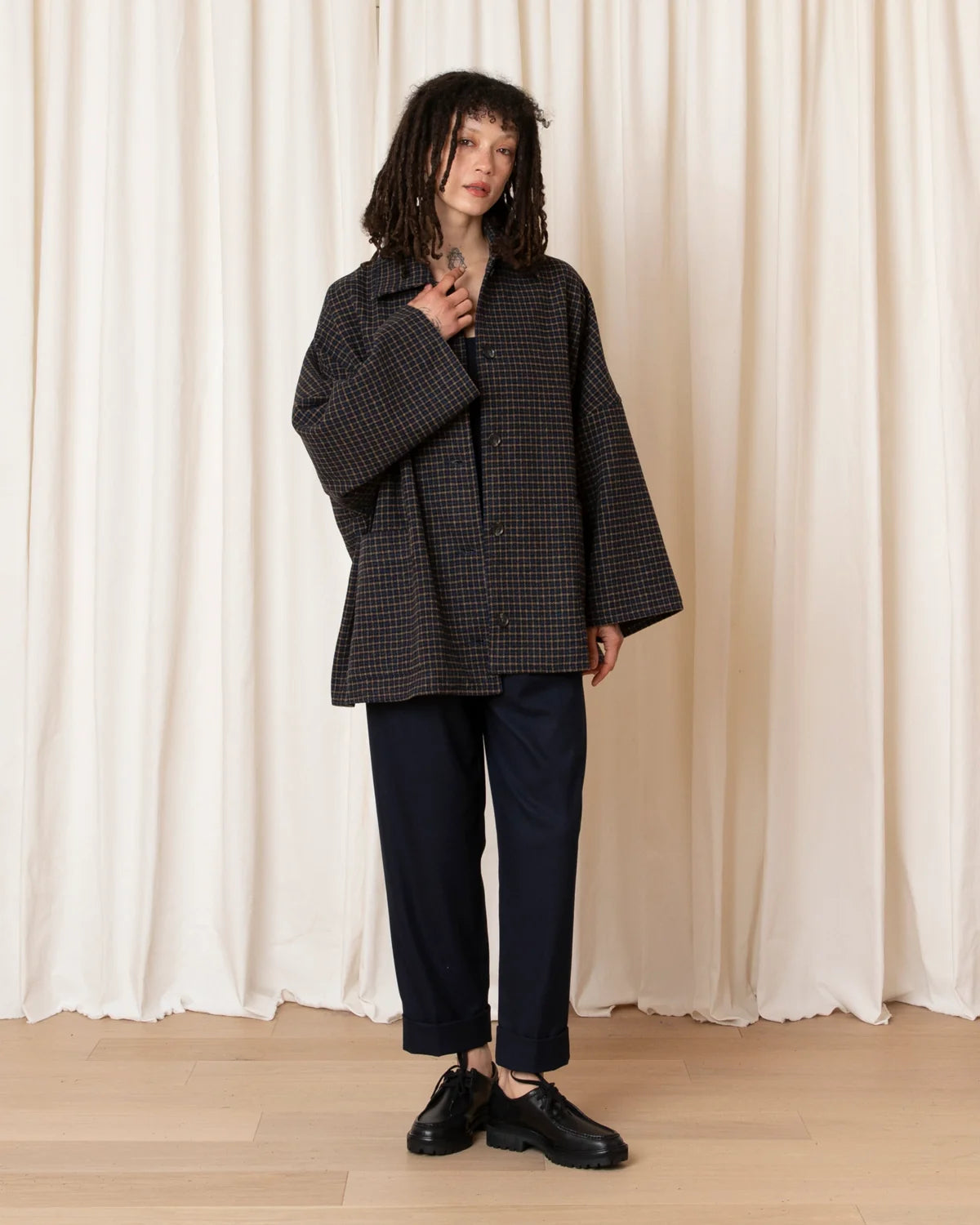 Ali Golden Oversized Lined Shirt Jacket In Marigold/Navy Plaid