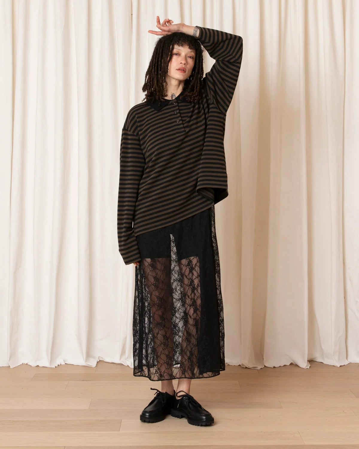 Ali Golden Striped Polo Pullover In Olive/Black Stripe