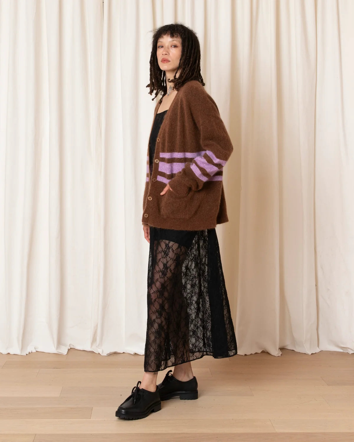 Ali Golden Oversized Mohair Cardigan In Copper/Lilac Stripe