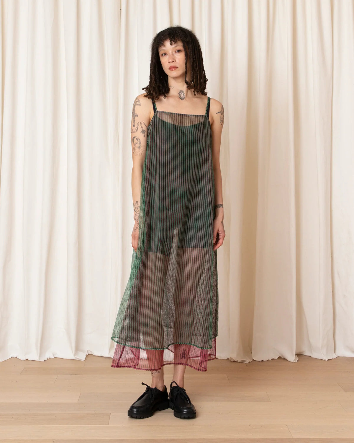 Ali Golden Layered Square Neck Full Dress in Green/Pink Check