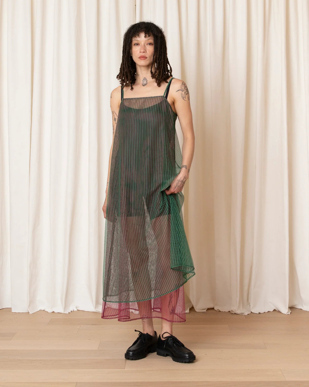 Ali Golden Layered Square Neck Full Dress in Green/Pink Check