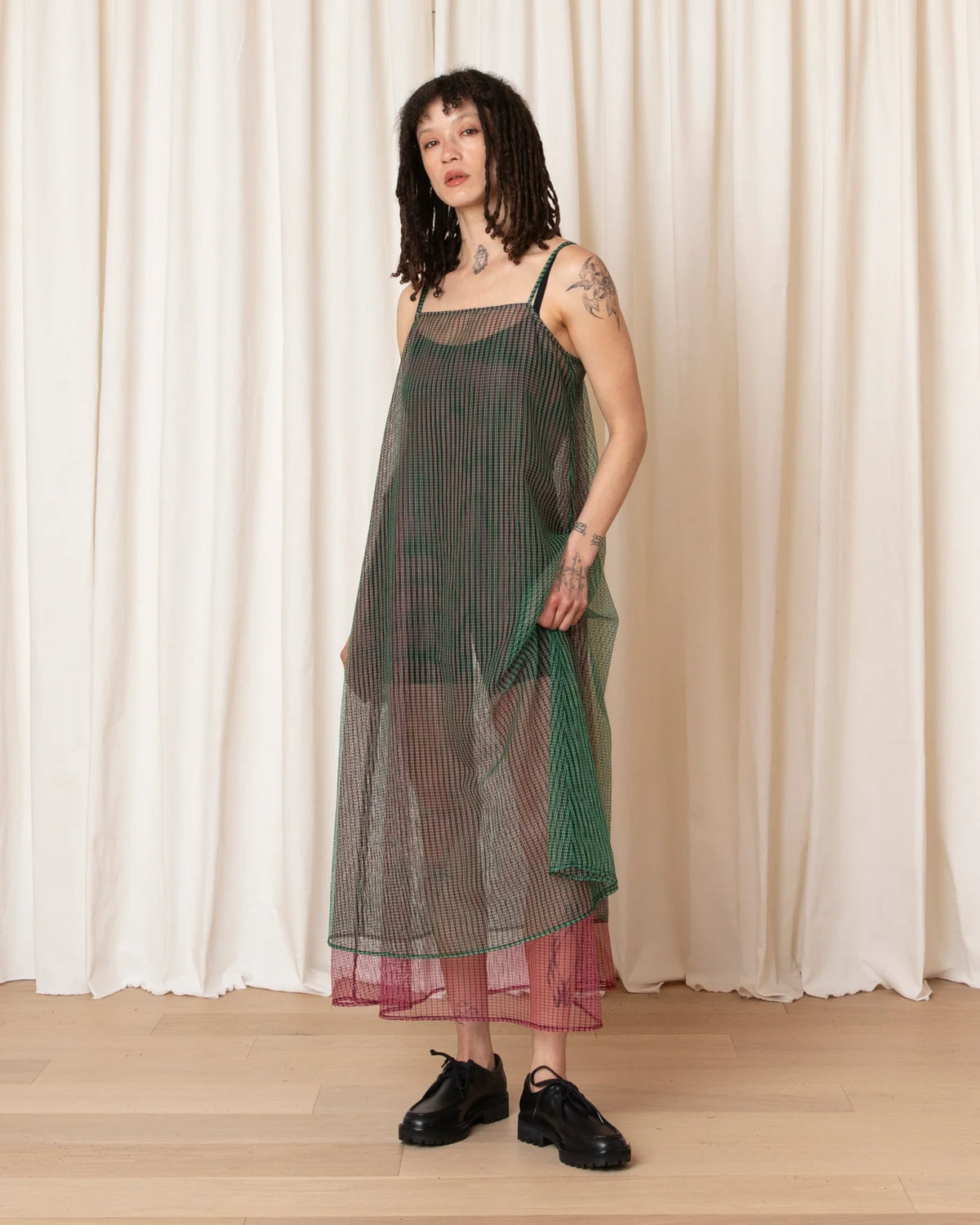 Ali Golden Layered Square Neck Full Dress in Green/Pink Check