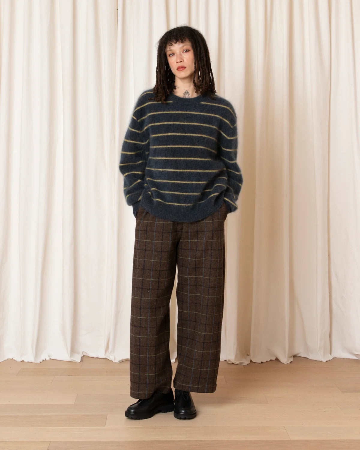 Ali Golden Oversized Mohair Pullover In Ocean/Ochre Stripe