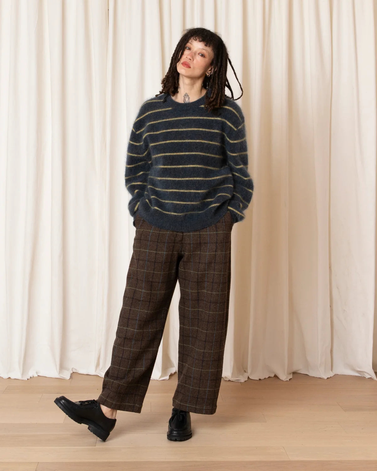 Ali Golden Oversized Mohair Pullover In Ocean/Ochre Stripe