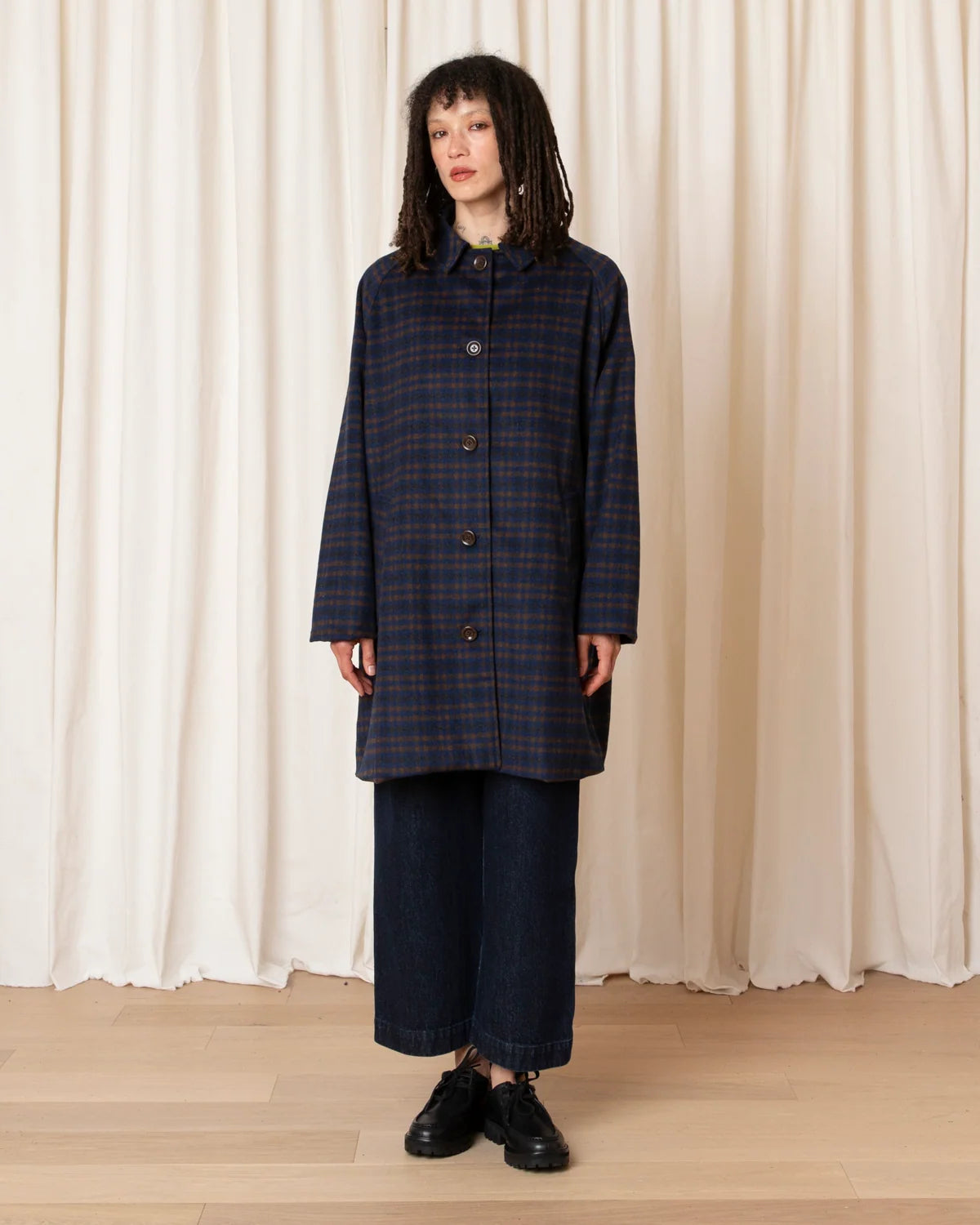 Ali Golden Short Trench (Lined) in Copper Blue Plaid