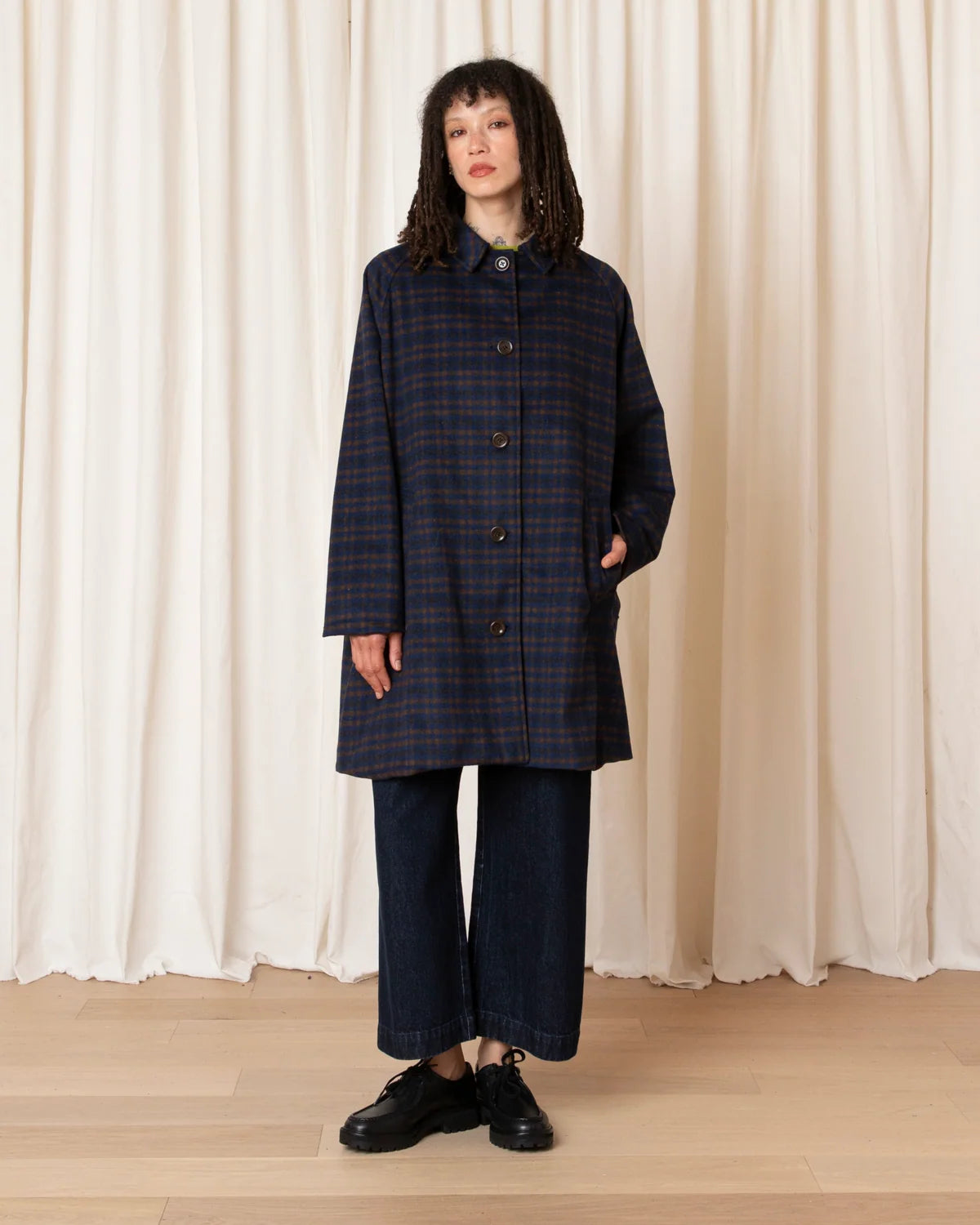Ali Golden Short Trench (Lined) in Copper Blue Plaid
