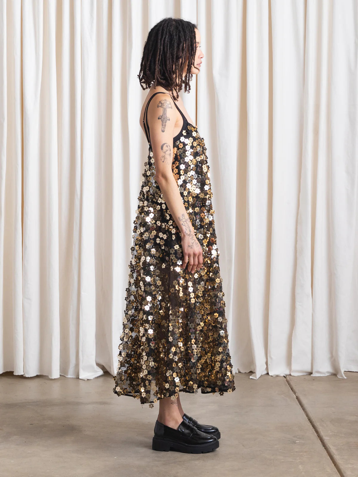 Ali Golden Full Hem Dress in Gold Sequins