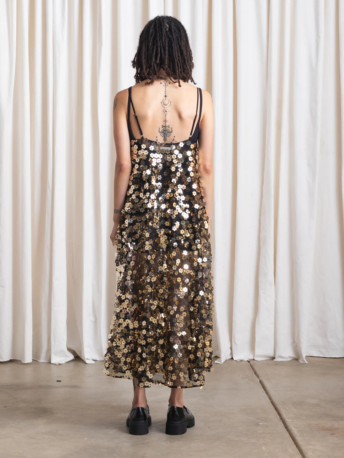 Ali Golden Full Hem Dress in Gold Sequins