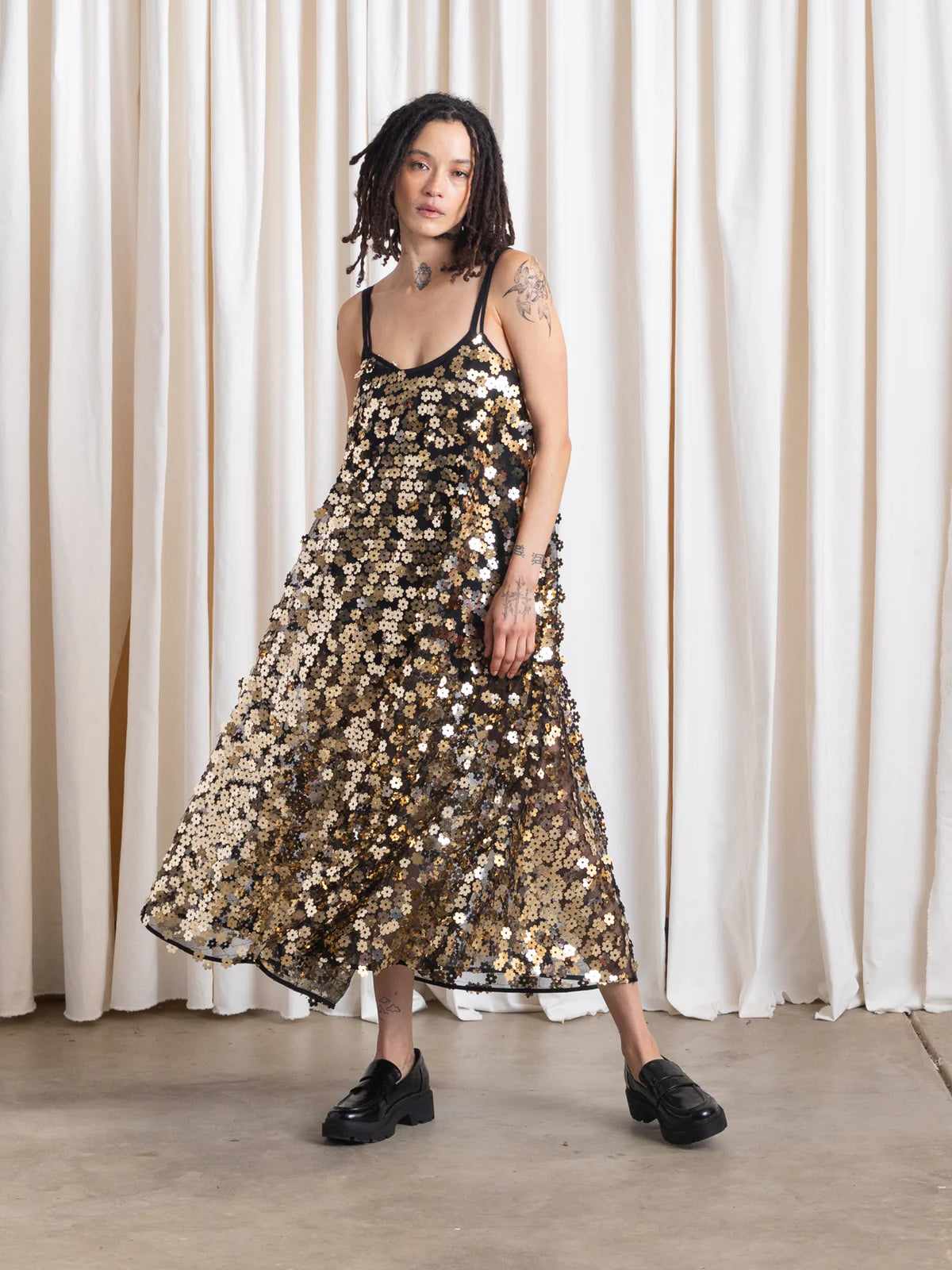 Ali Golden Full Hem Dress in Gold Sequins