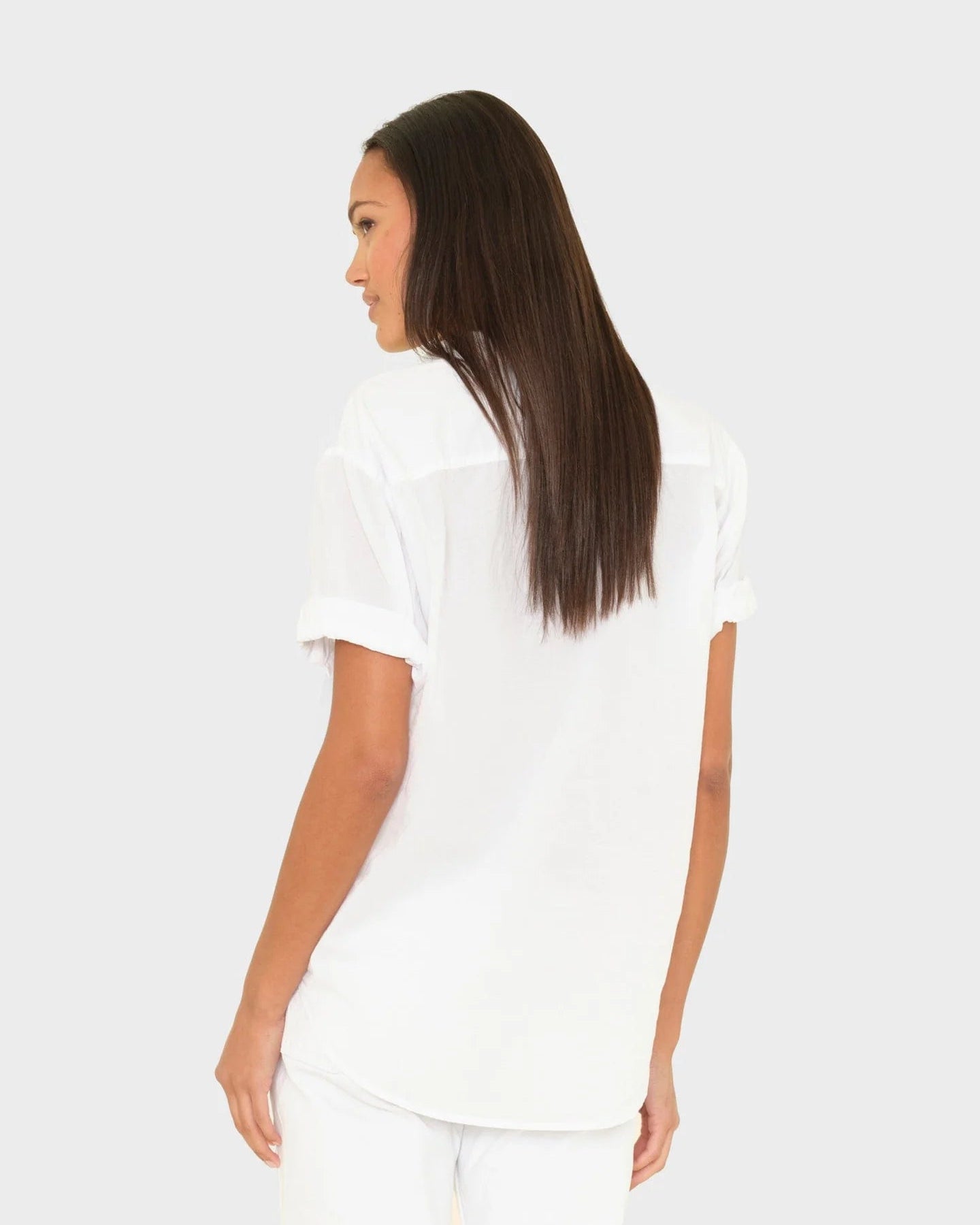 channing short sleeve button down modeled from the back