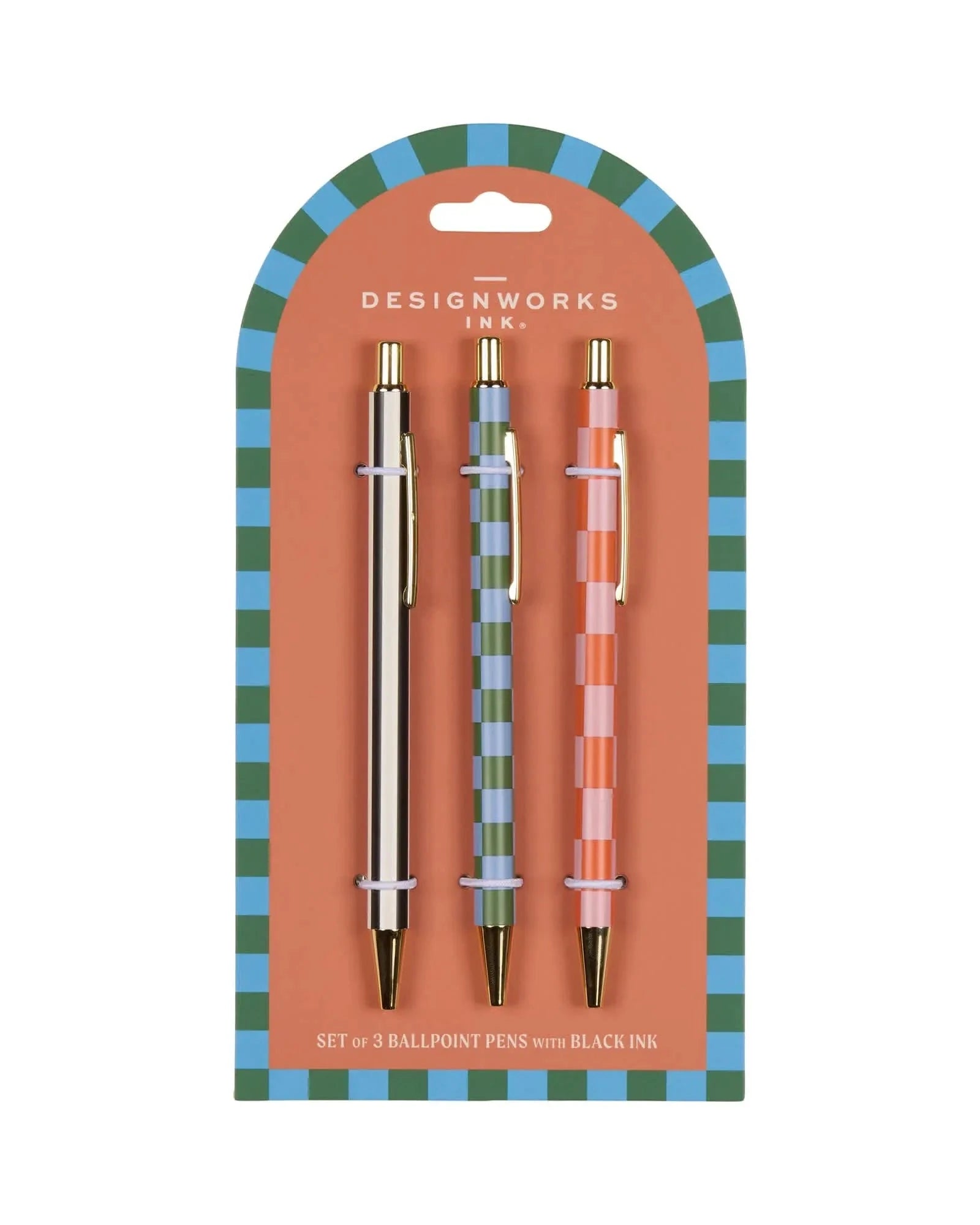 Packaging of three ballpoint pens with a colorful design on a white background