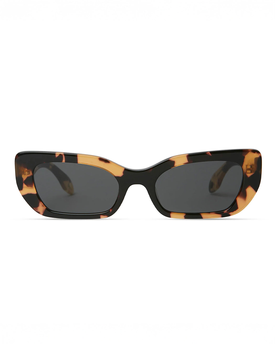 Sunglasses with tortoiseshell frame and dark lenses on a white background
