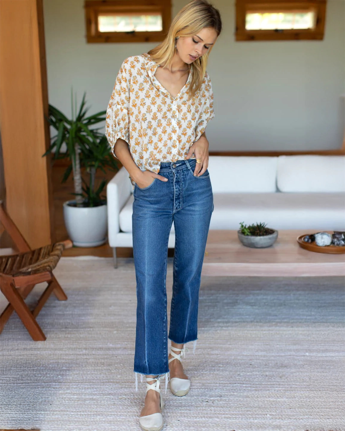 Emerson Fry Mandarin Collar Top in Little Marigolds Organic