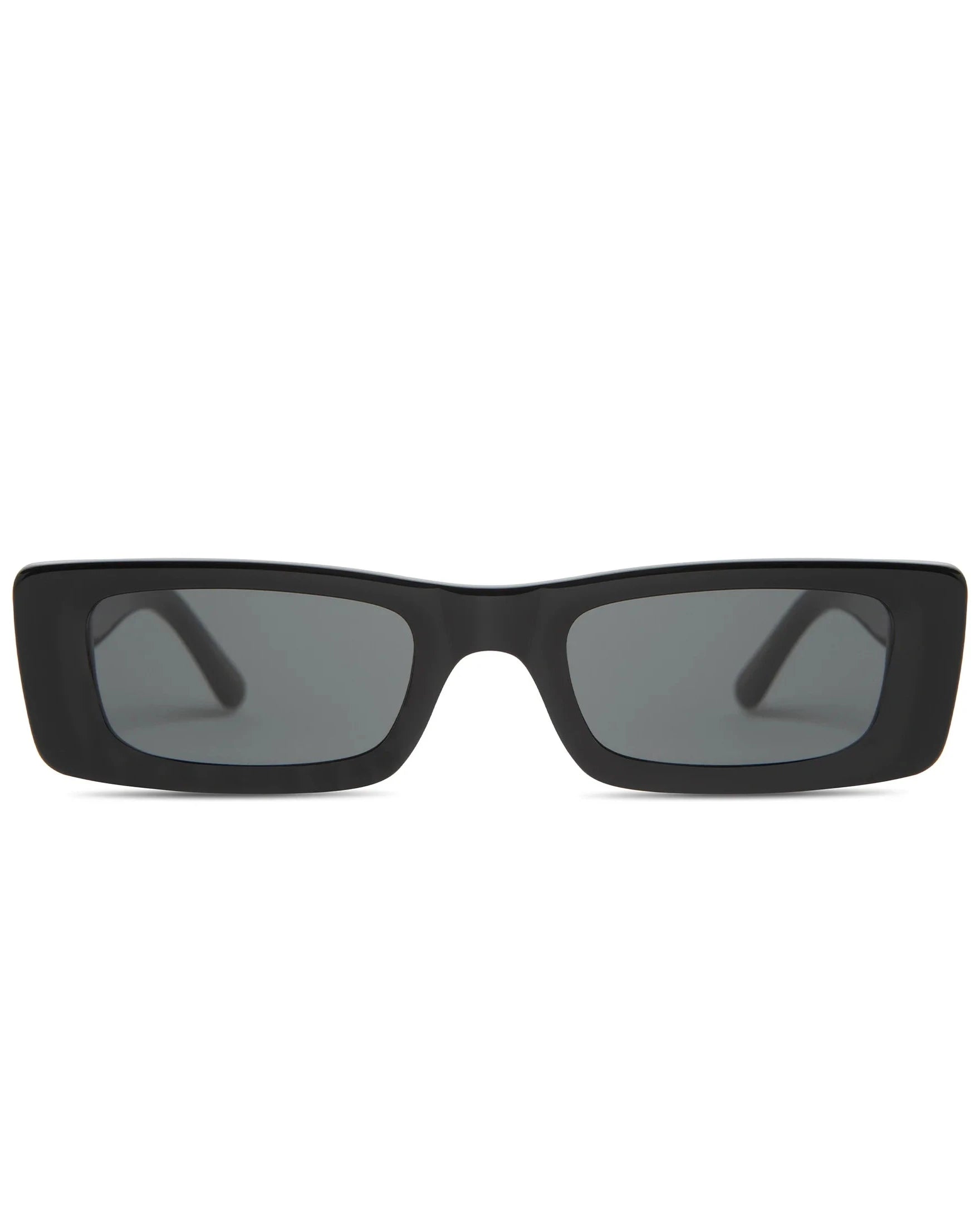 Black sunglasses with dark lenses on a white background