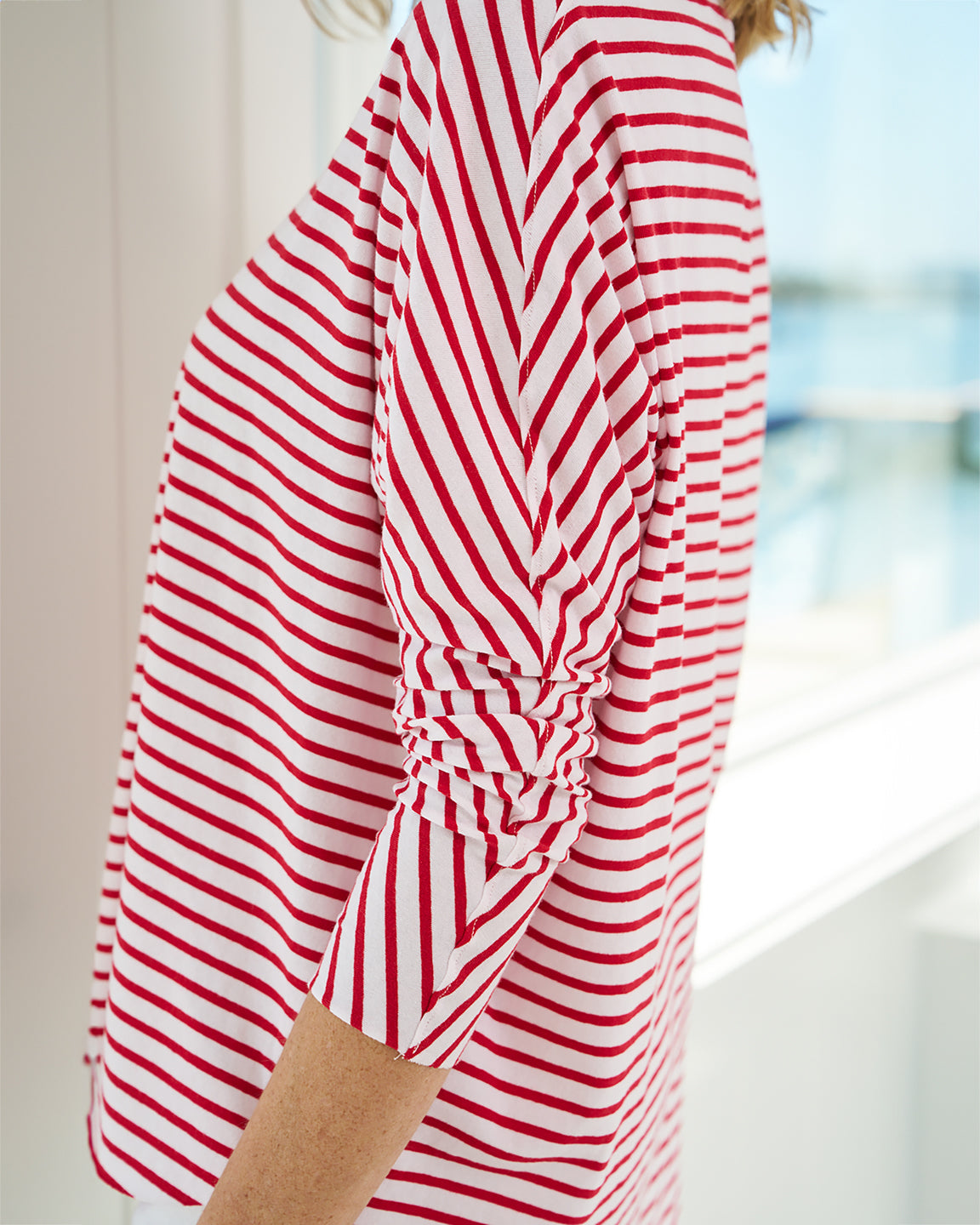 Frank & Eileen Anna Long Sleeve Capelet in White and Double Decker Red Stripe