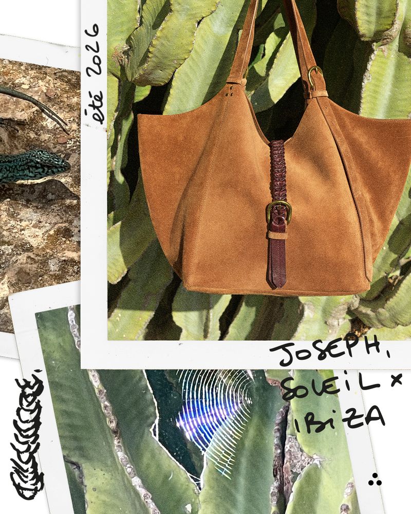 Brown suede handbag with a strap on a cactus plant, featuring 'Joseph Soliel x Ibiza' branding.
