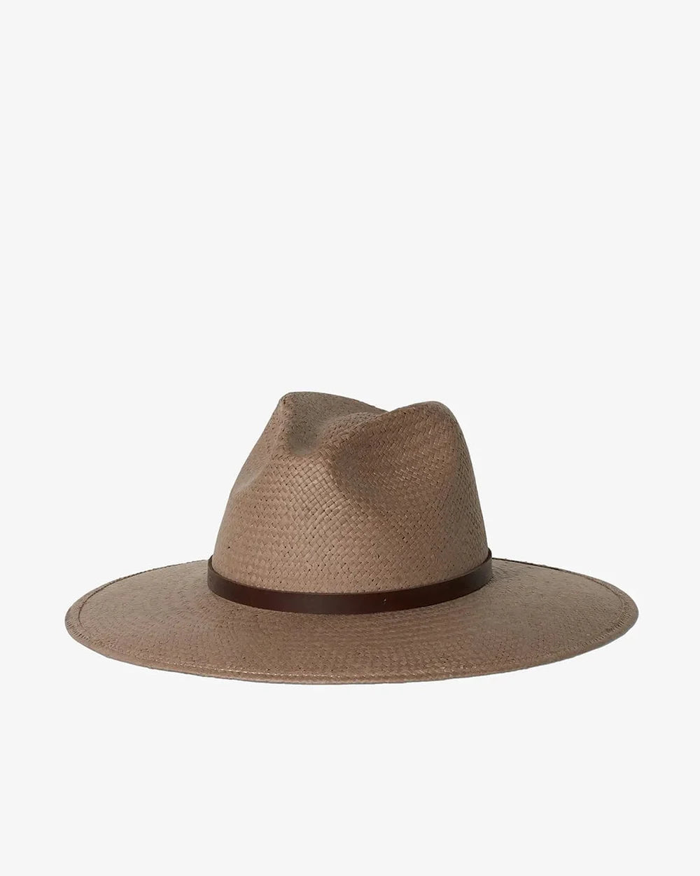 Brown straw hat with a wide brim on a white background