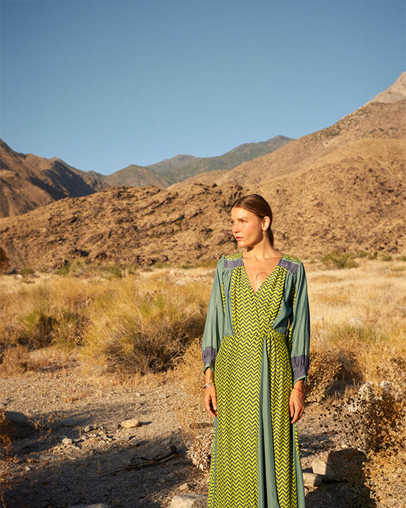 Natalie Martin Kate Long Sleeve Dress in Block Zig Zag Print Lime