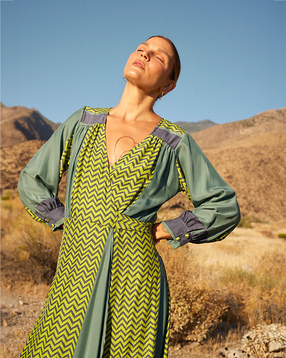 Natalie Martin Kate Long Sleeve Dress in Block Zig Zag Print Lime
