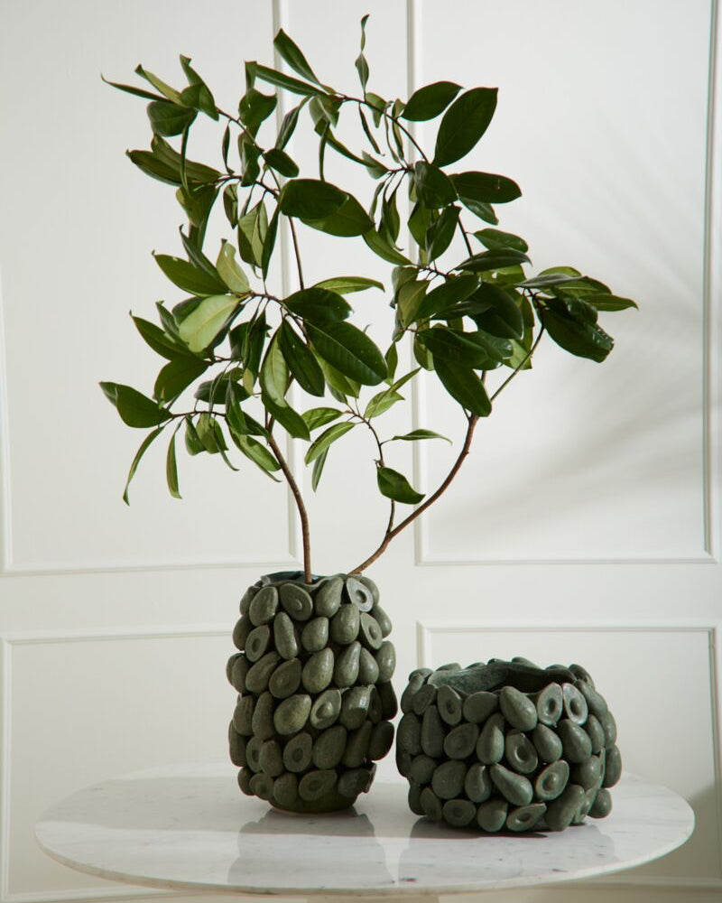 Two green potted plants on a round marble table with a white paneled wall background.