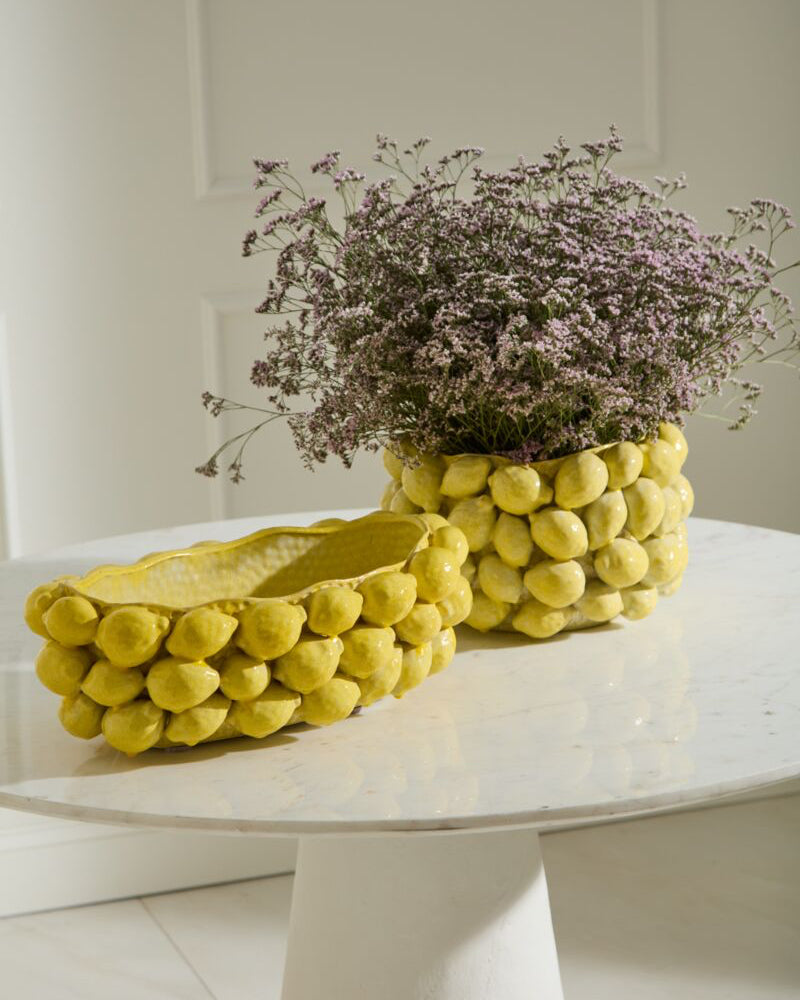 Two decorative planters with yellow spherical design on a white table.