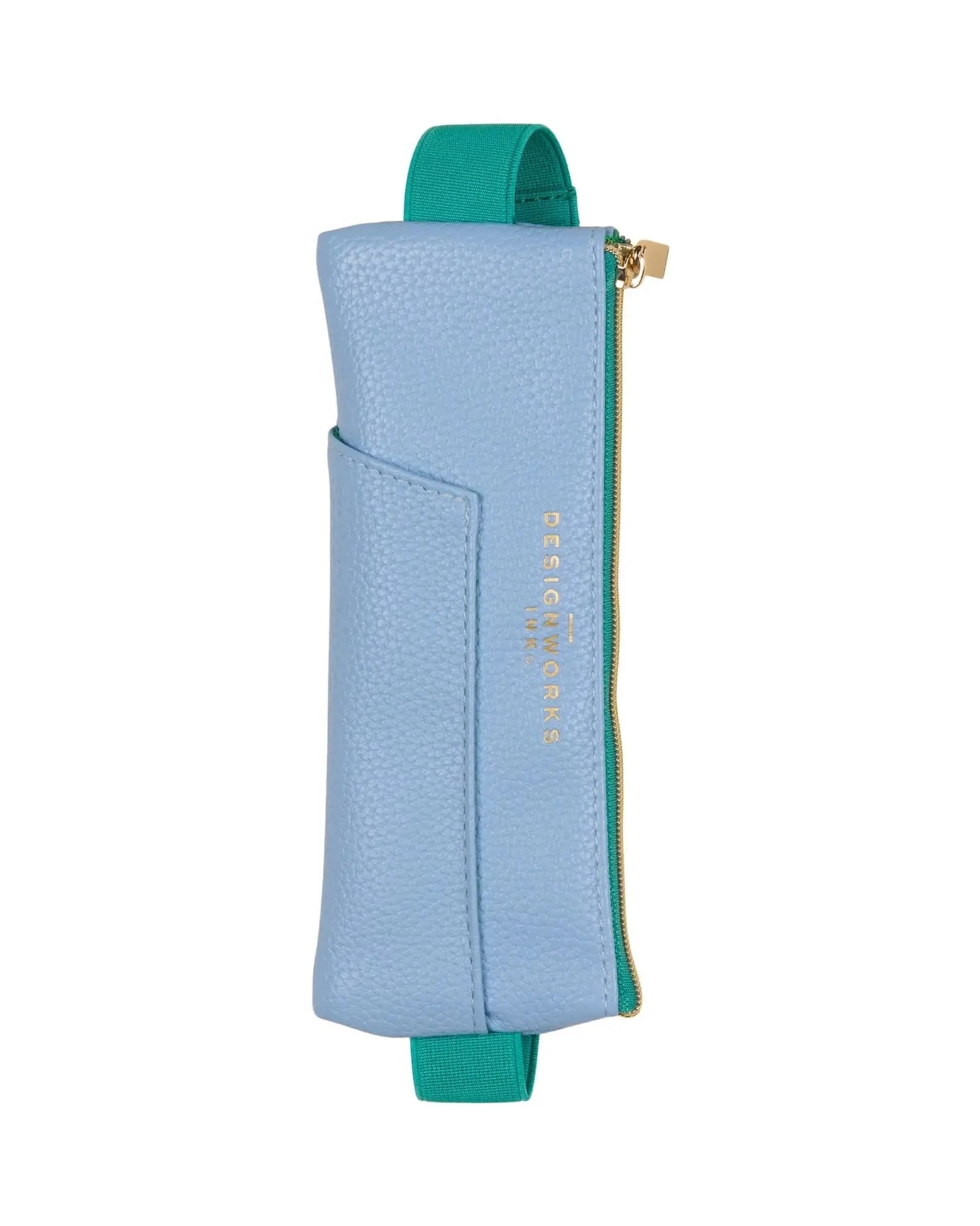 Light blue and green pouch with a gold zipper on a white background