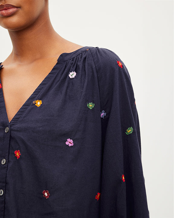 velvet by Graham and Spencer Aretha Embroidered Top in Navy