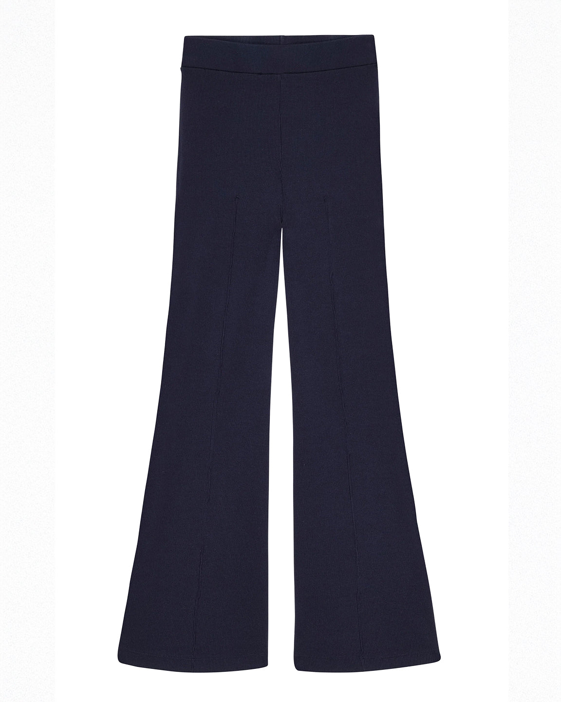 Navy blue flared pants on a white background