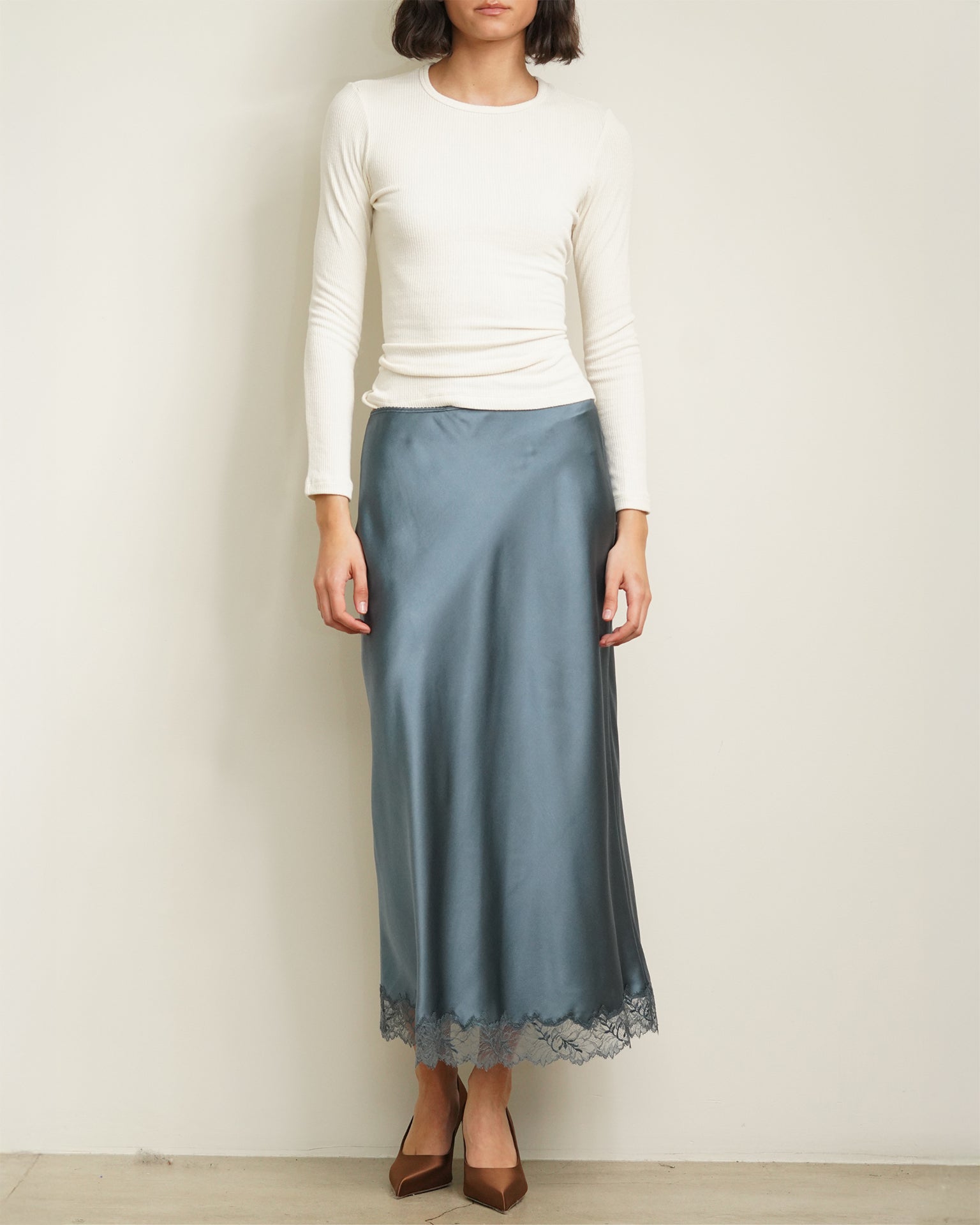 SABLYN Miranda Bias Cut Lace Trim Silk Skirt In Smoky Blue | two birds