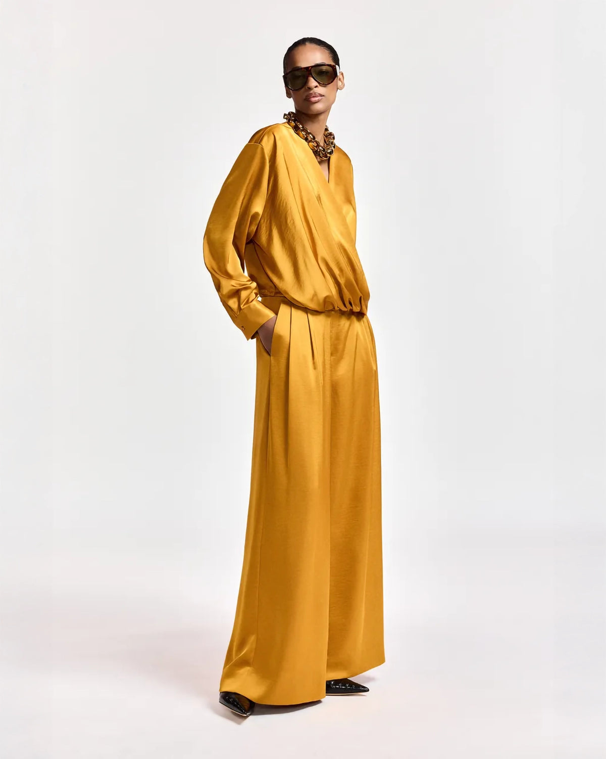 Essentiel Antwerp Kolkwitzia Draping Wrap Top in Caramel Drip