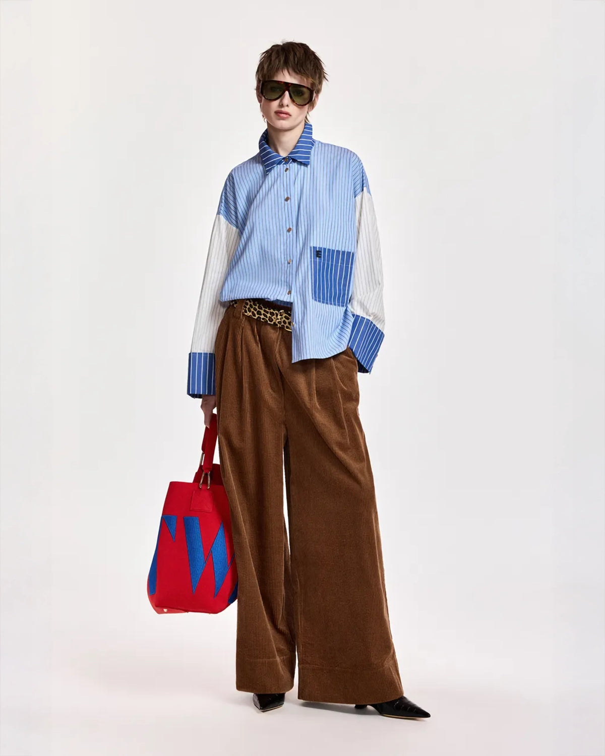Essentiel Antwerp Kozef Fabric Mix Cropped Shirt in Sky