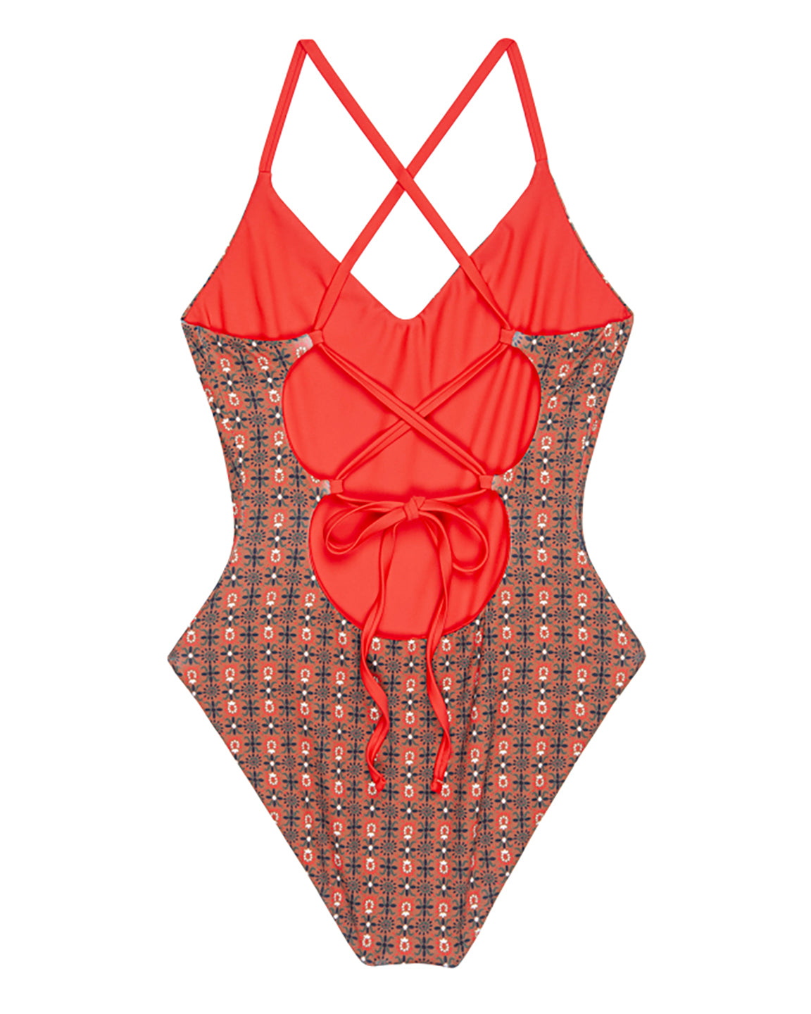 The Great. Reversible Lace Up One Piece in Rust Tile Print