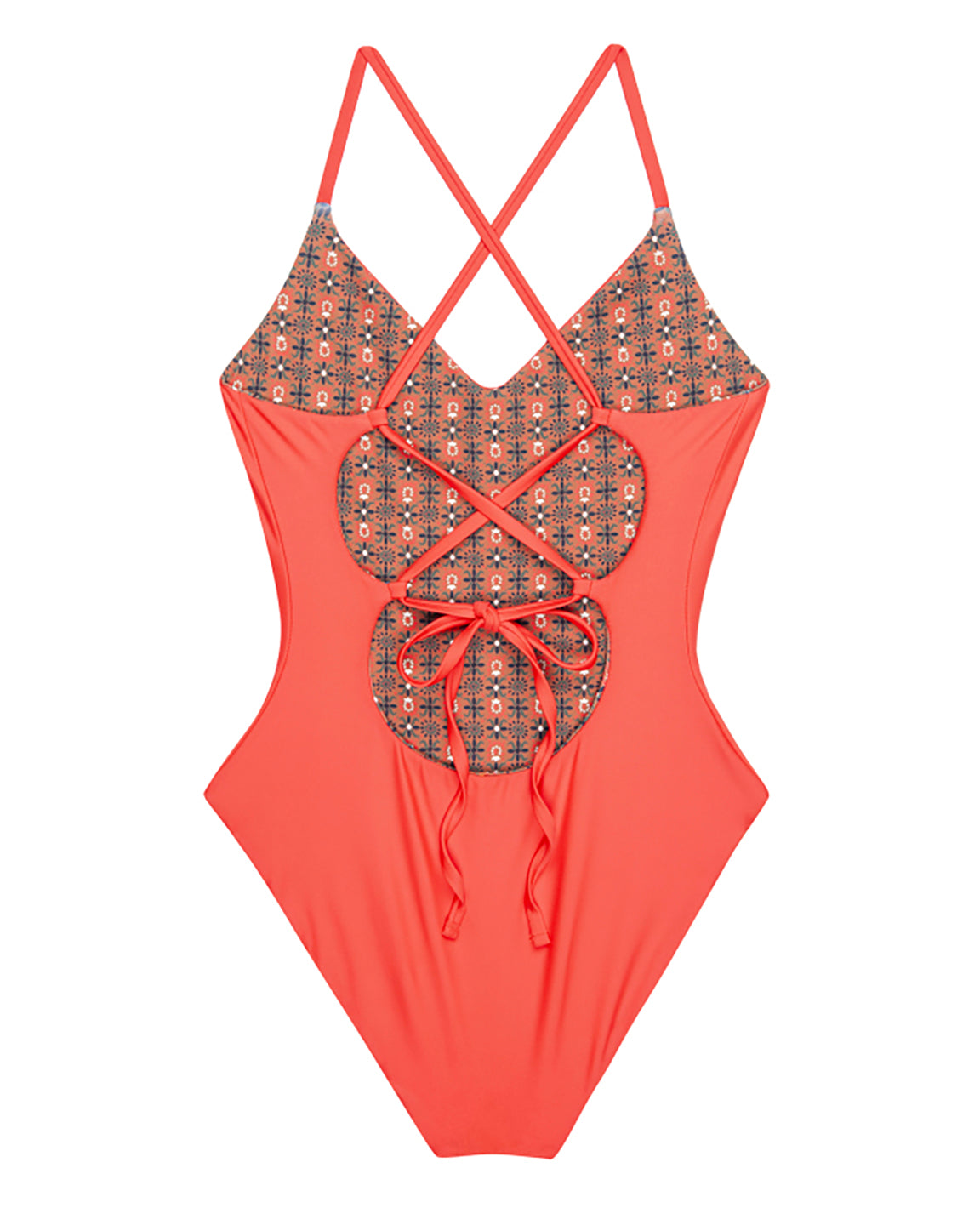 The Great. Reversible Lace Up One Piece in Rust Tile Print