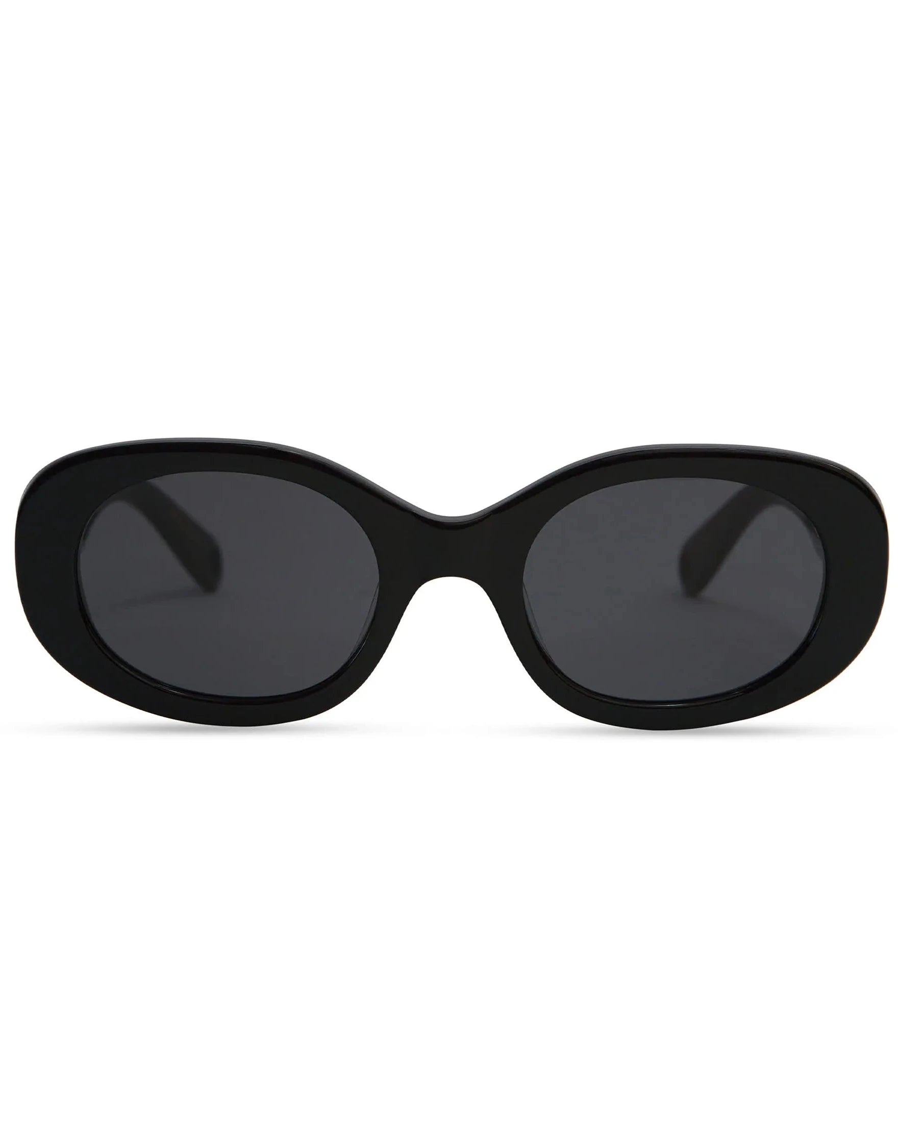 Black sunglasses with dark lenses on a white background