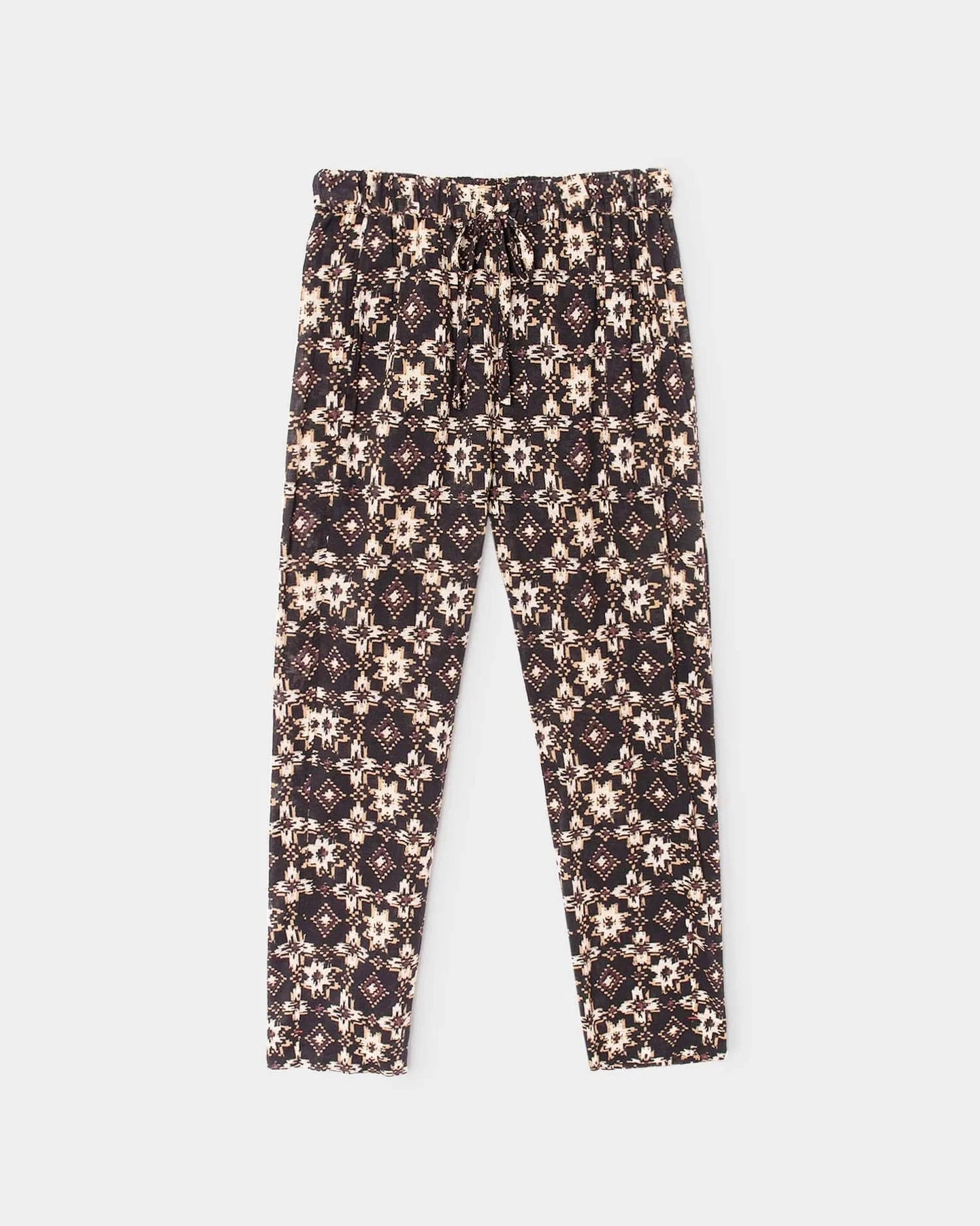 Patterned pants on a light gray background