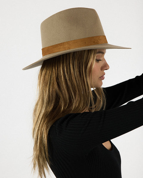 Janessa Leone’ Wool Navy Fedora with Tan Band Janessa Leone Lucy Fedora in Dark Blue-Grey with Tan band  main image 3